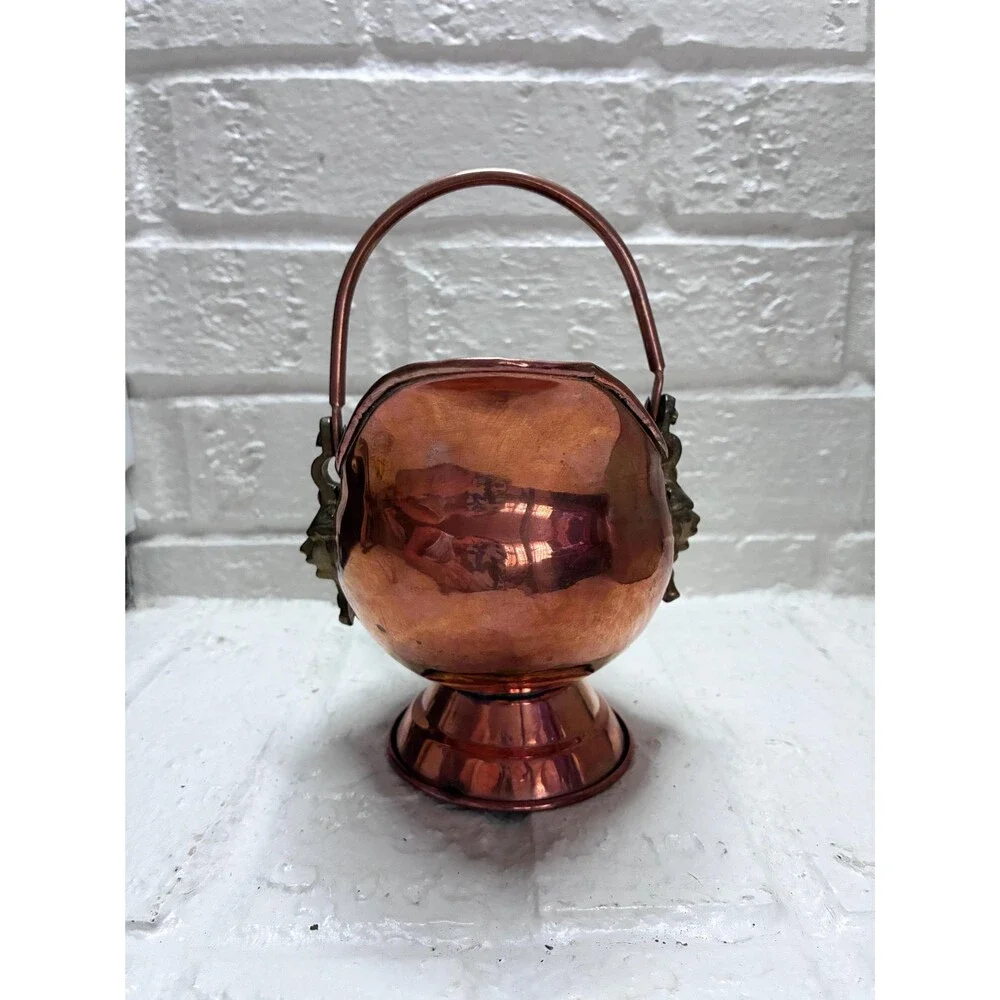 Small Copper Coal Scuttle Bucket Lion Heads Porcelain Handle Made in Ireland
